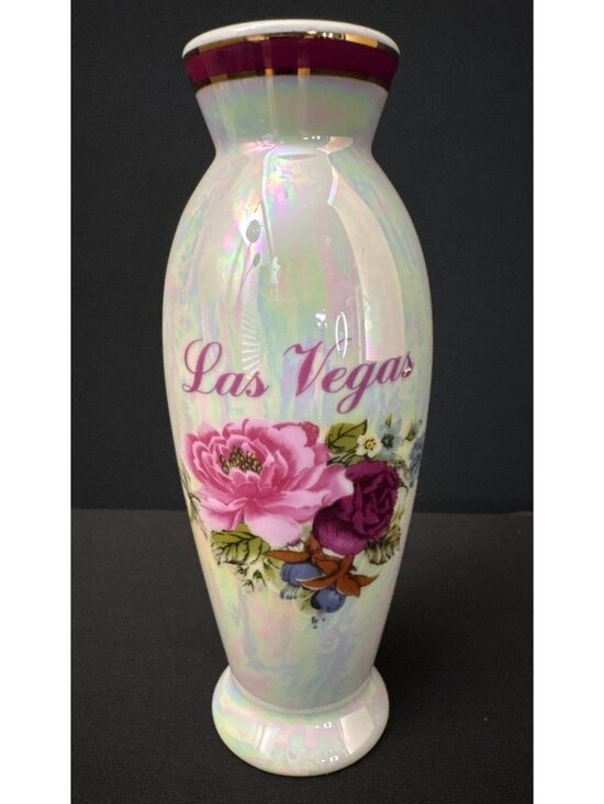 None Other - Vintage Las Vegas Souvenir Bud Ceramic Vase Glossy Floral Bouquet Pink Red Decor